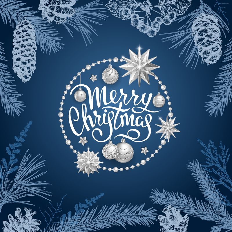 圣诞贺卡上有逼真的银球-星星在圆框里-蓝色背景上的杉树、雪松、松树、山楂和球果的不同树枝的草图-优雅的字体