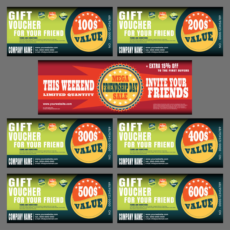 礼品券矢量收集与标签,为在友谊日大销售。