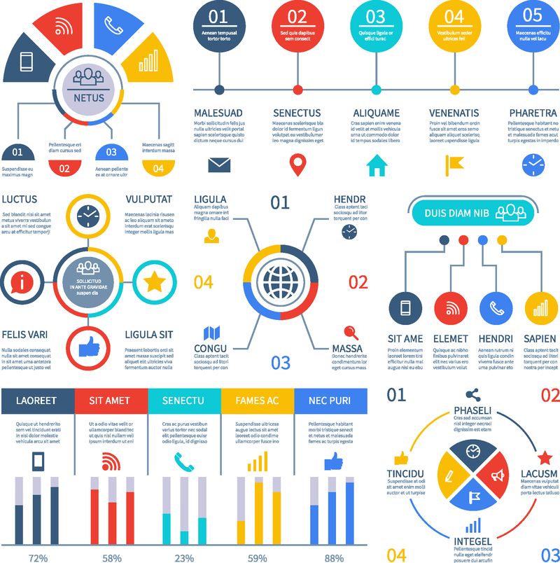 演示信息图形-流程图时间线流程图、组织工作流、编号选项图-信息图矢量集