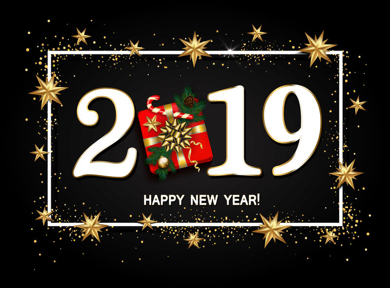 2019年黑色背景的新年快乐设计布局。礼物