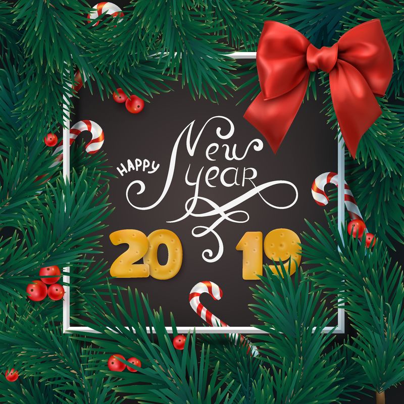 2019年绿色新年快乐卡-有冷杉树枝和糖果拐杖-贺卡或节日海报模板-矢量背景