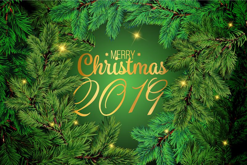 冷杉树枝-圣诞快乐魅力背景与松树枝和问候文字-2019新年快乐迎宾矢量卡-圣诞卡