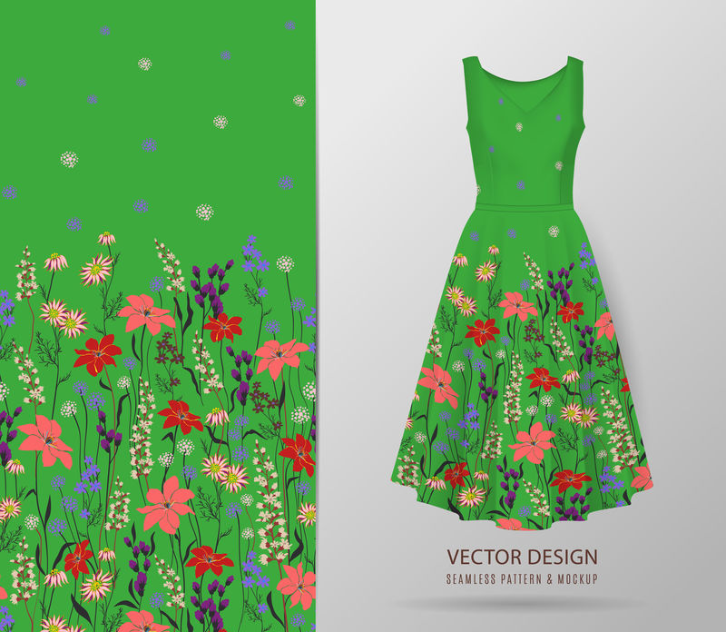 服装模型上的手绘花卉图案。无缝矢量纹理。优雅的时尚印花模板。表面有草甸花和草本植物。绿色背景