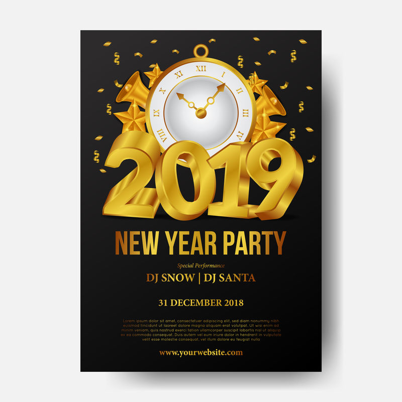 2019年新年快乐派对-3D金表和经典金表-矢量图解