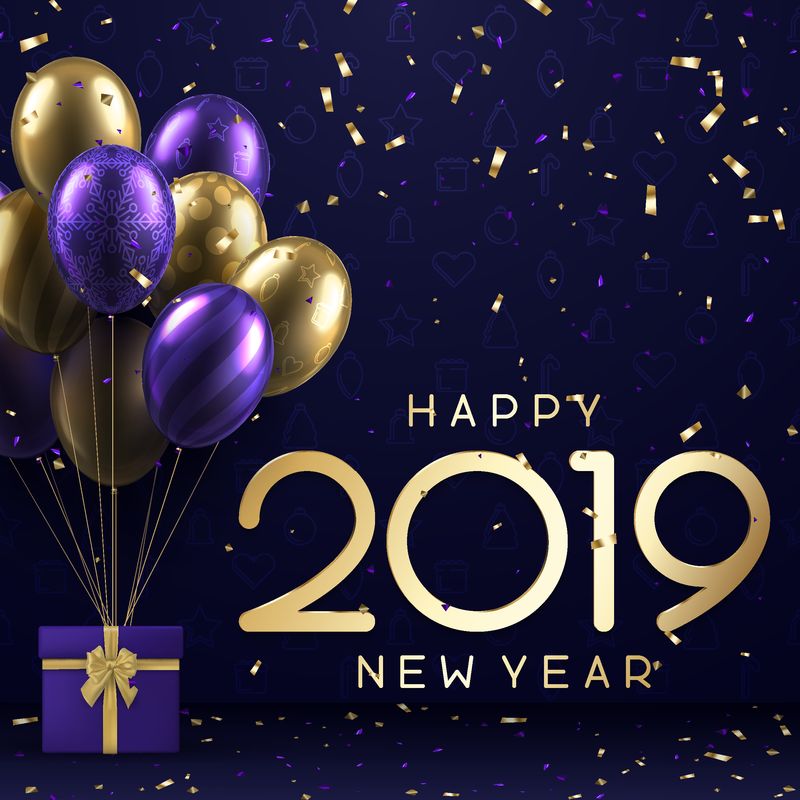 19年紫色新年贺卡 配有礼品 彩色气球和金色纸屑 矢量背景素材 高清图片 摄影照片 寻图免费打包下载