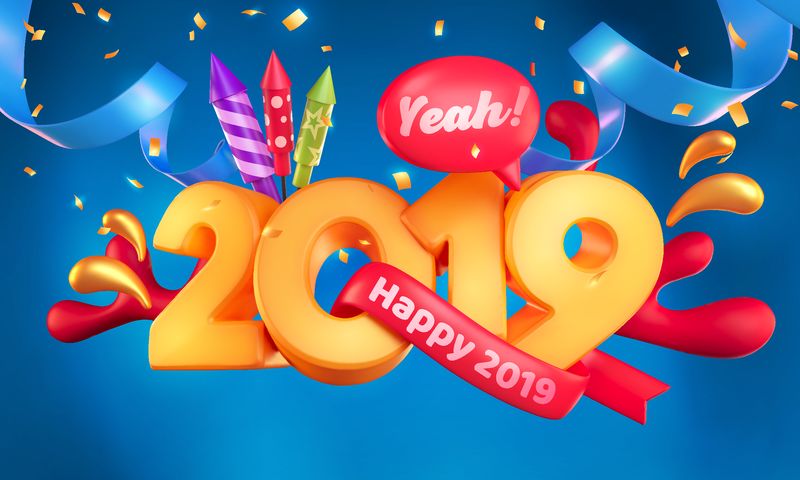 2019年新年快乐-金色3D数字-蓝色背景上有丝带和五彩纸屑-矢量图解