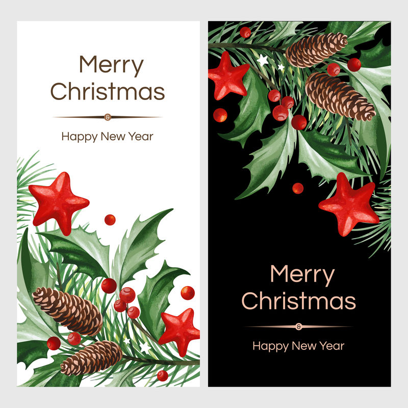 带有文字和圣诞装饰的垂直横幅-冬青树叶子和黑白背景上的锥形圣诞树