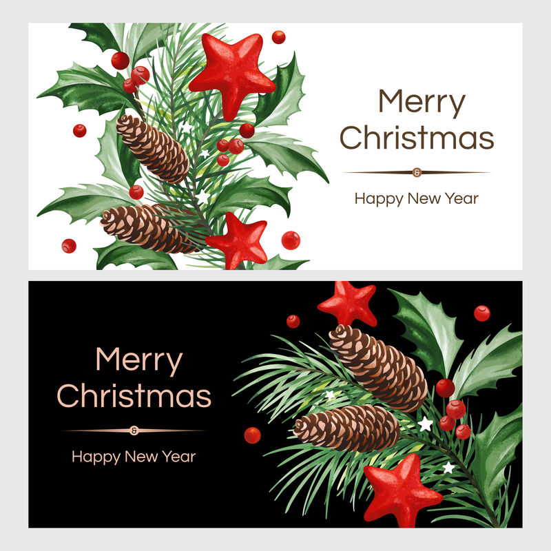 横幅-有文字和圣诞装饰-冬青叶和圣诞树-黑色和白色背景上有锥形