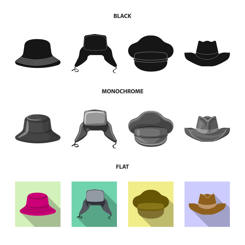 头盔和帽子图标的矢量设计-一套用于库存的头饰和附件矢量图标