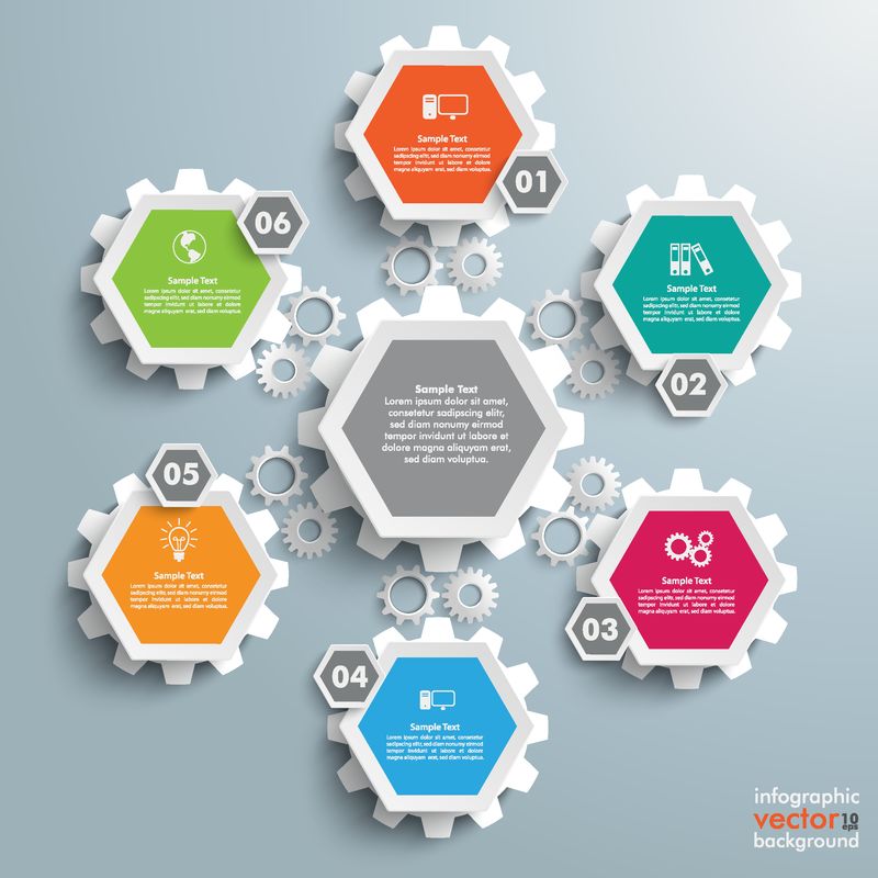 灰色背景下蜂窝结构、制造厂和齿轮的信息图-EPS 10矢量文件