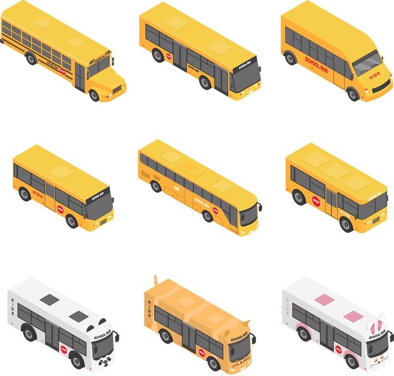 校车后座儿童图标集-9个校车后座儿童网络图标等距图