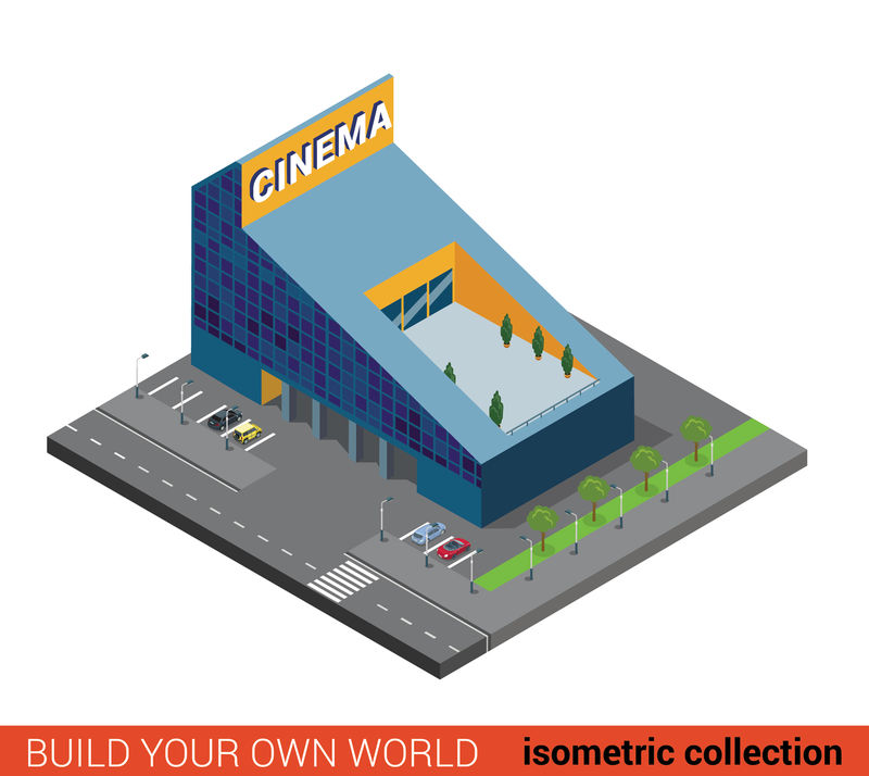 平面三维等距现代玻璃电影院构建块信息图形概念-带停车场的娱乐剧院-创建您自己的信息图形世界收藏
