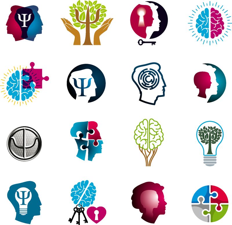 心理学、大脑和心理健康矢量概念图标或标志集-关系与性别心理问题与冲突、心理分析与心理治疗、个性与个性