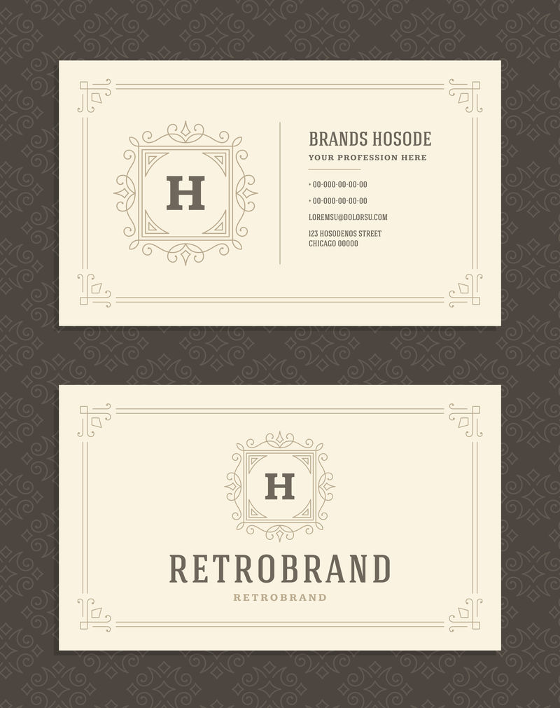 豪华名片和复古装饰标识矢量模板-复古优雅-华丽的装饰框架设计和图案背景