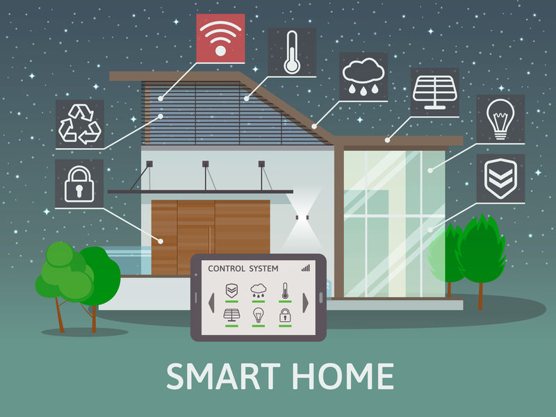 带露台的现代大智能家居。平面设计理念,集中控制系统,夜间。矢量图解