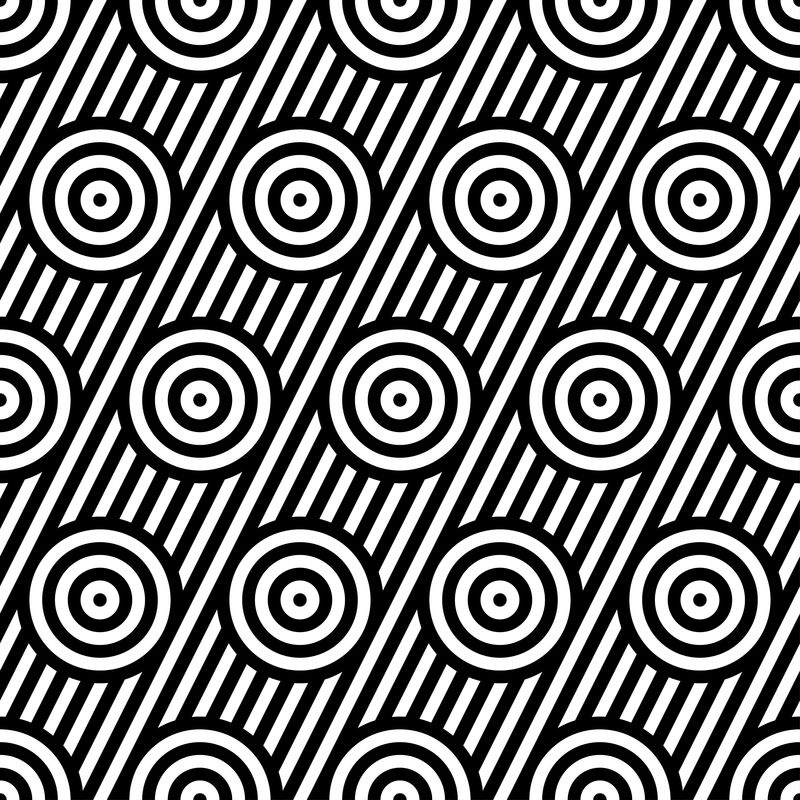 矢量无缝纹理-现代抽象背景-单色几何图案-倾斜条带背景上的同心圆