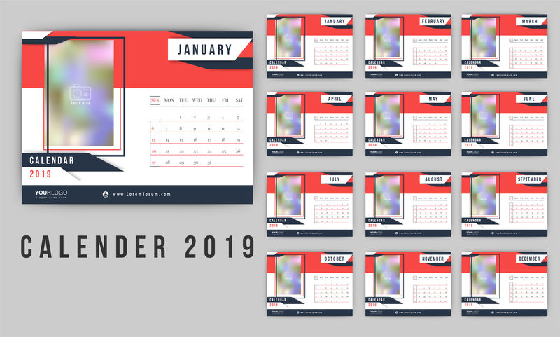 2019日历设计，一套12个月模板式办公桌平面图