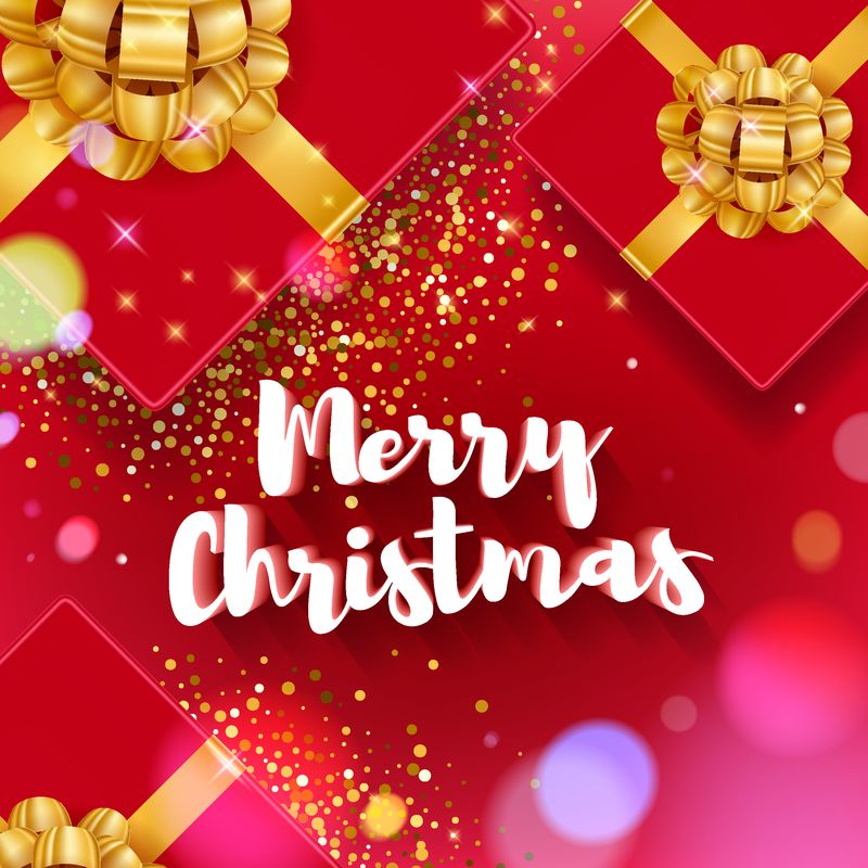 圣诞快乐-欢迎五颜六色的插图-复古经典3D书信和礼品盒-带有金色丝带海报卡片横幅设计-新年背景-金色发光的星星