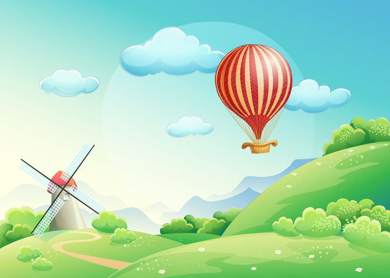 一个磨坊和一个气球在空中的夏季田野的插图