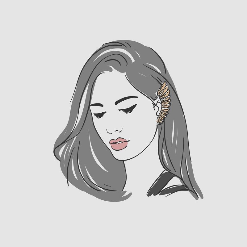 漂亮的年轻女子，戴着像翅膀一样的金耳环。矢量手绘插图。