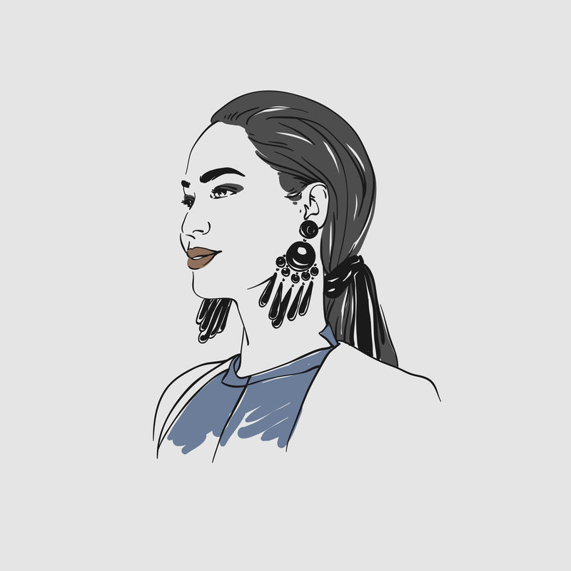 漂亮的年轻女子戴着黑色大耳环。矢量手绘插图。
