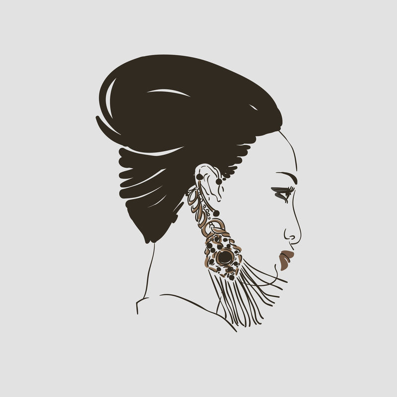 漂亮的年轻女子戴着大大的金耳环矢量手绘插图。