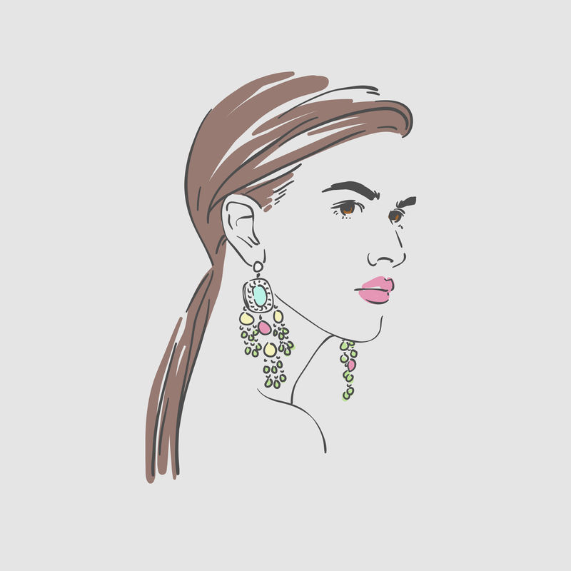 漂亮的年轻女子戴着大大的金耳环矢量手绘插图。