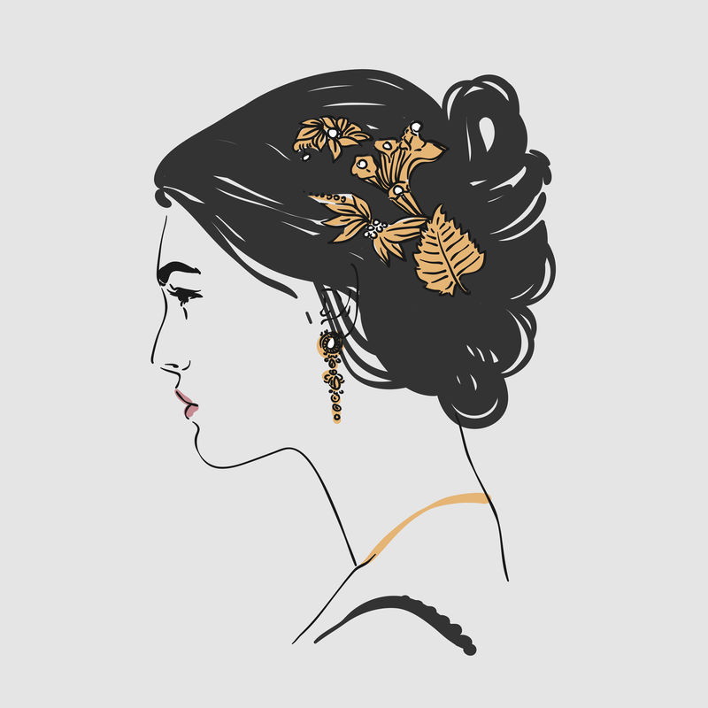 漂亮的年轻女子,戴着金耳环,头上插着花矢量手绘插图