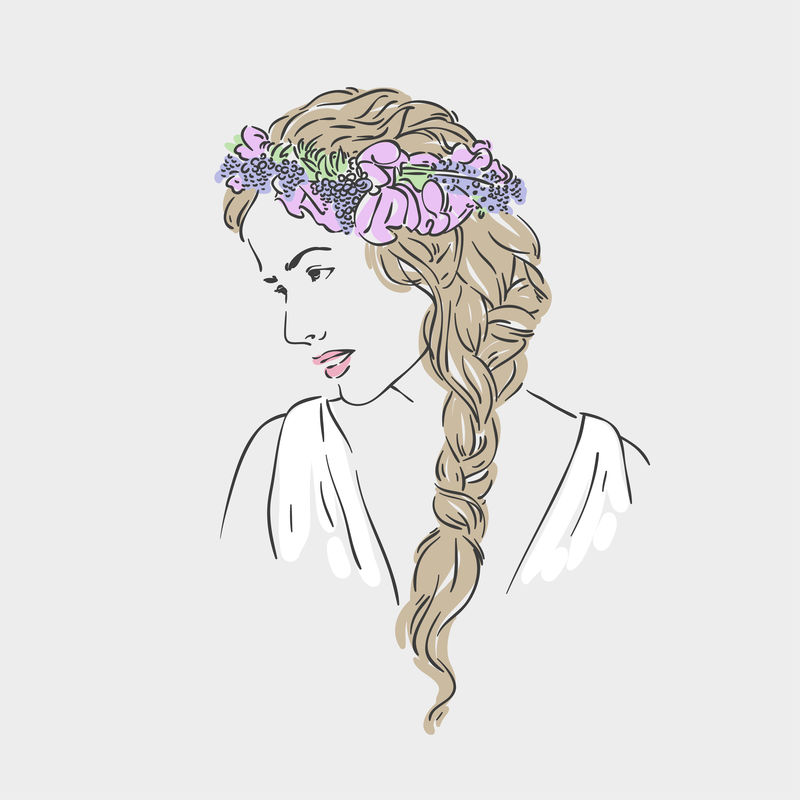 年轻漂亮的女人,头发上长着花矢量手绘插图