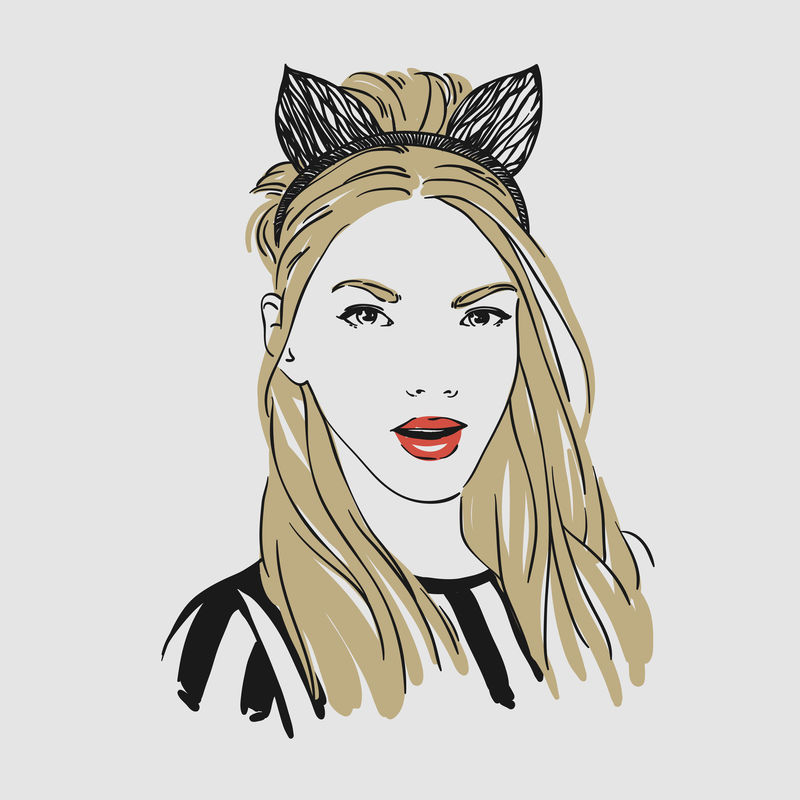 漂亮的年轻女子戴着猫耳环。矢量手绘插图。