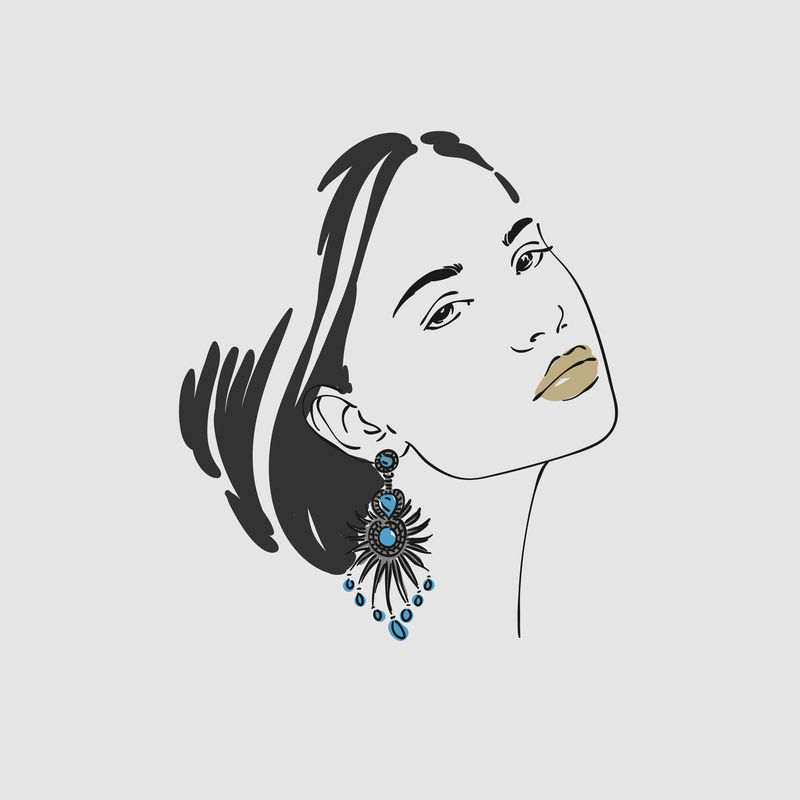 美丽的年轻女子,带着蓝色宝石的银耳环。矢量手绘插图。