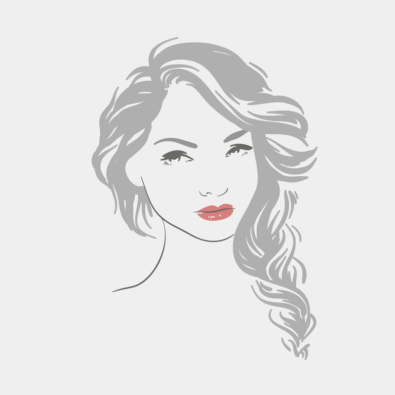 美丽的女子长发脸，手绘线条矢量图。