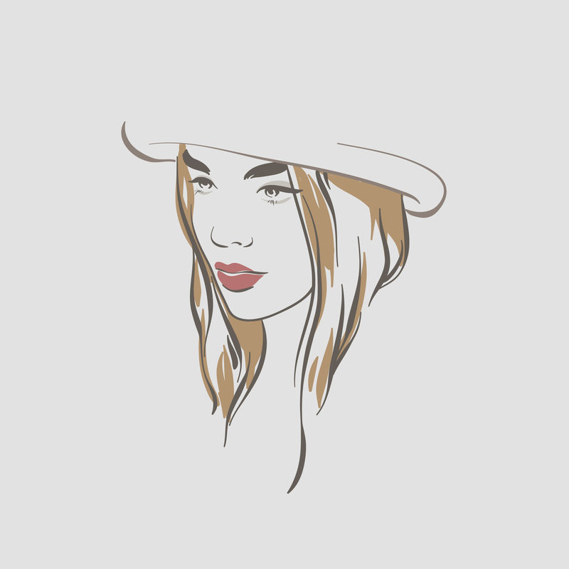 戴帽子的漂亮女人，手绘线条矢量图。