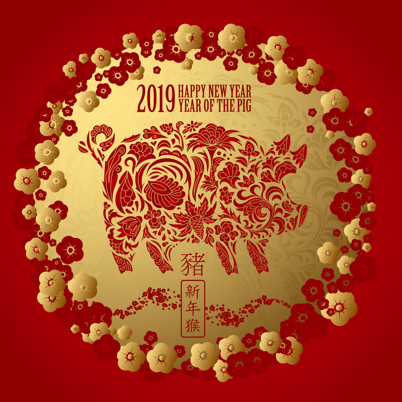 手绘泽坦格华丽猪。2019年中国新年和圣诞节贺卡。