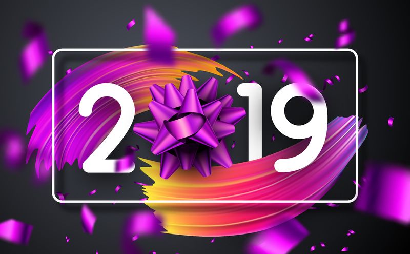 2019新年快乐海报-紫色蝴蝶结-彩色渐变笔触设计和模糊的五彩纸屑-矢量背景
