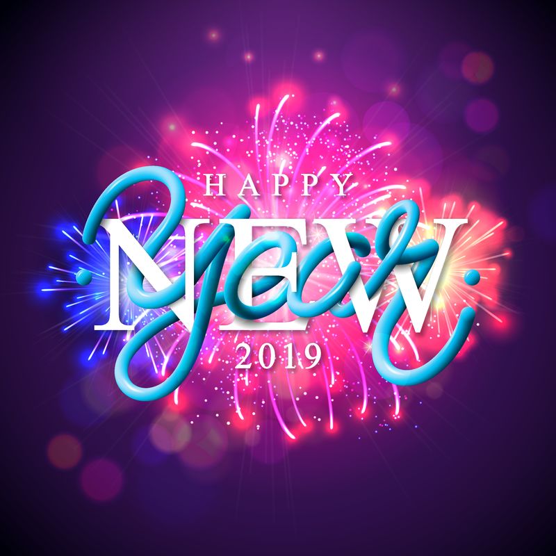 2019年新年快乐-烟花和3D排版信-明亮的紫罗兰色背景-为传单、贺卡、横幅、庆典海报、聚会邀请或