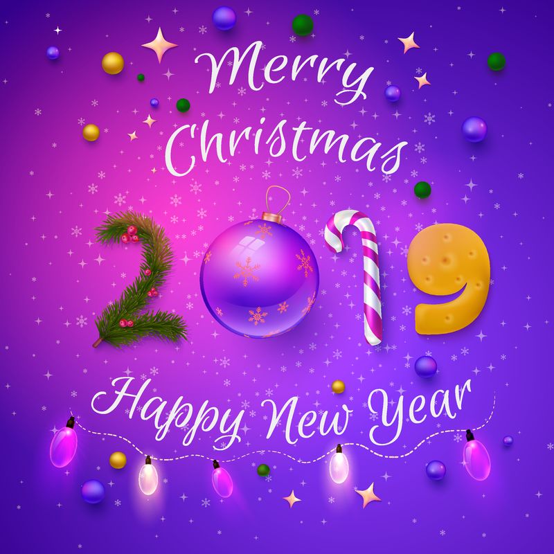 紫色2019圣诞快乐和圣诞球新年贺卡-贺卡或节日海报模板-矢量背景