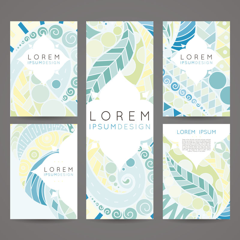 向量设计模板集。随机彩色小册子。复古框架和背景。