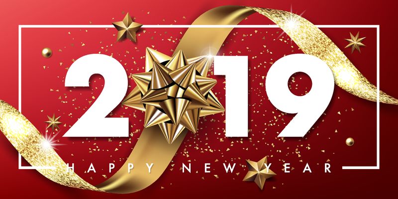 2019年新年快乐矢量贺卡和海报设计-金色丝带和星星