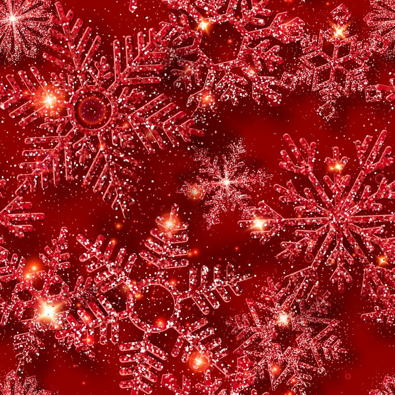 冬季的无缝图案-有闪亮的雪花和多彩的五彩纸屑-红色背景下的新年和圣诞卡插图
