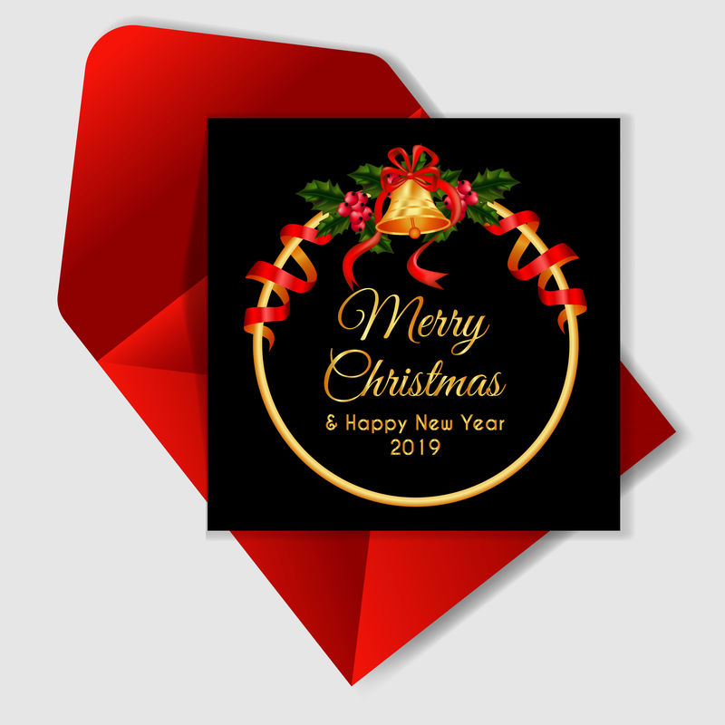 圣诞浆果花环卡-带铃铛和红丝带