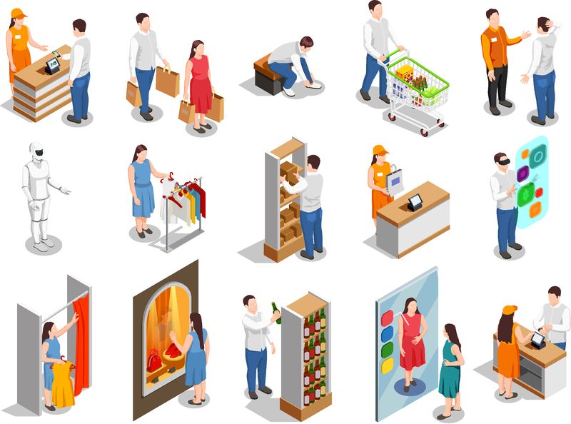 商业消费者在服装安装、产品选择、出纳付款等距人流隔离向量图