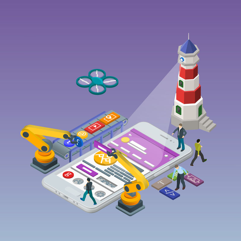 移动应用开发，经验丰富的团队。平面三维等距Whit