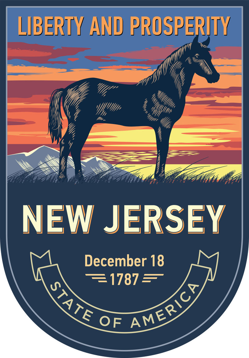 新泽西州徽章-马-蓝色背景的日落