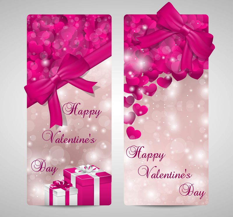 圣瓦伦丁的情人节卡片上有粉红的心、蝴蝶结和礼品盒