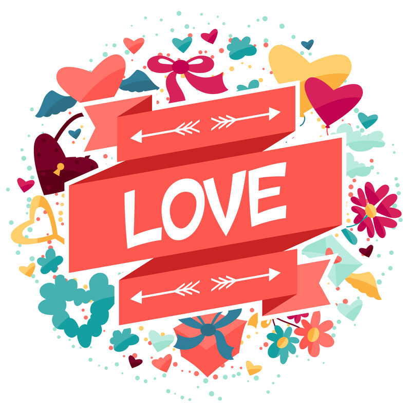 以情人节和婚礼图标为背景。