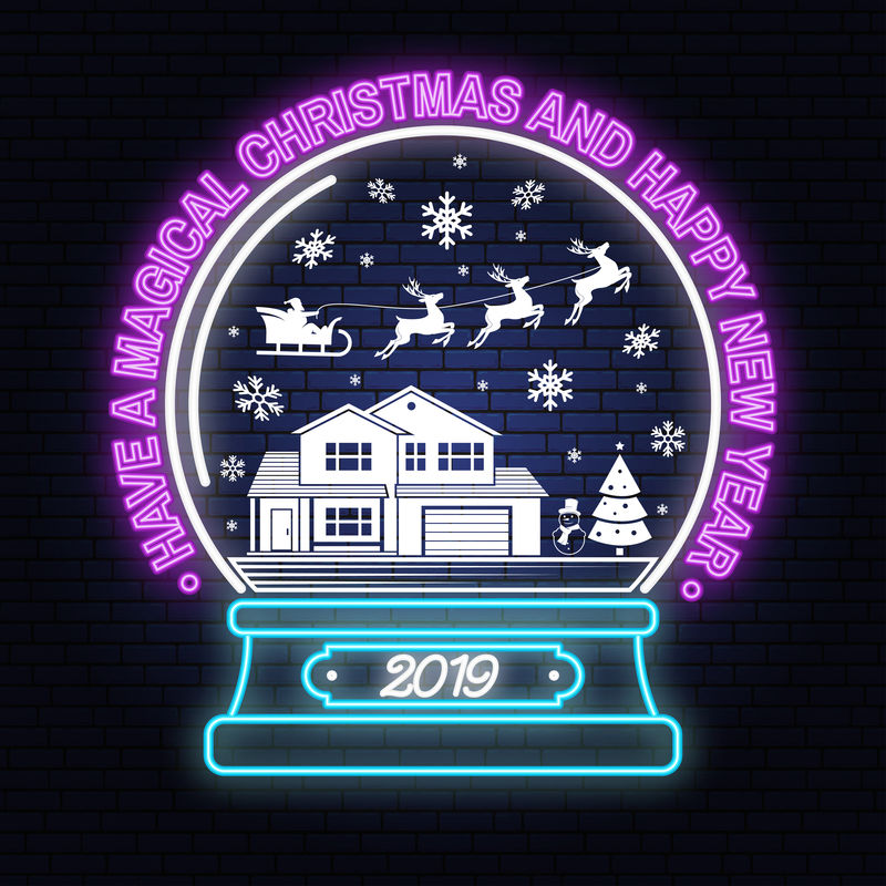 有一个神奇的圣诞节和新年快乐的霓虹灯标志与雪花，圣诞雪球。矢量。