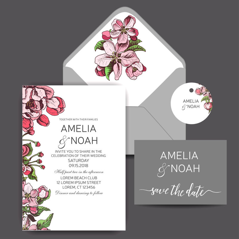 婚礼邀请函模板-带苹果花的卡片矢量图