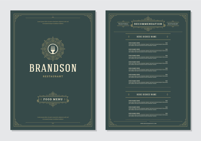 餐厅菜单设计和标识矢量小册子模板-叉形插画和装饰装饰