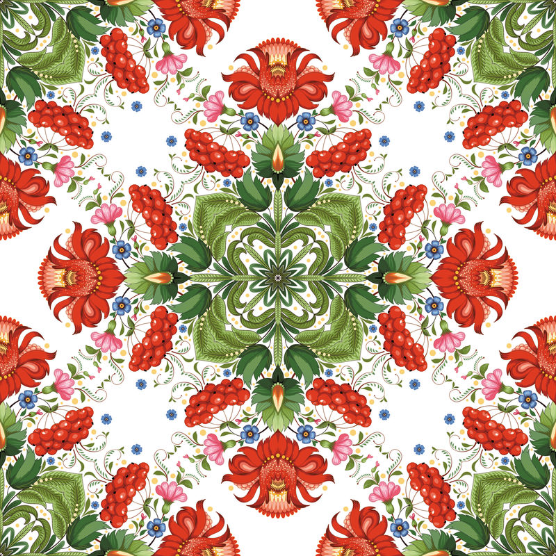 矢量无缝背景与方形花卉乌克兰图案-佩特里基夫卡绘画风格的花